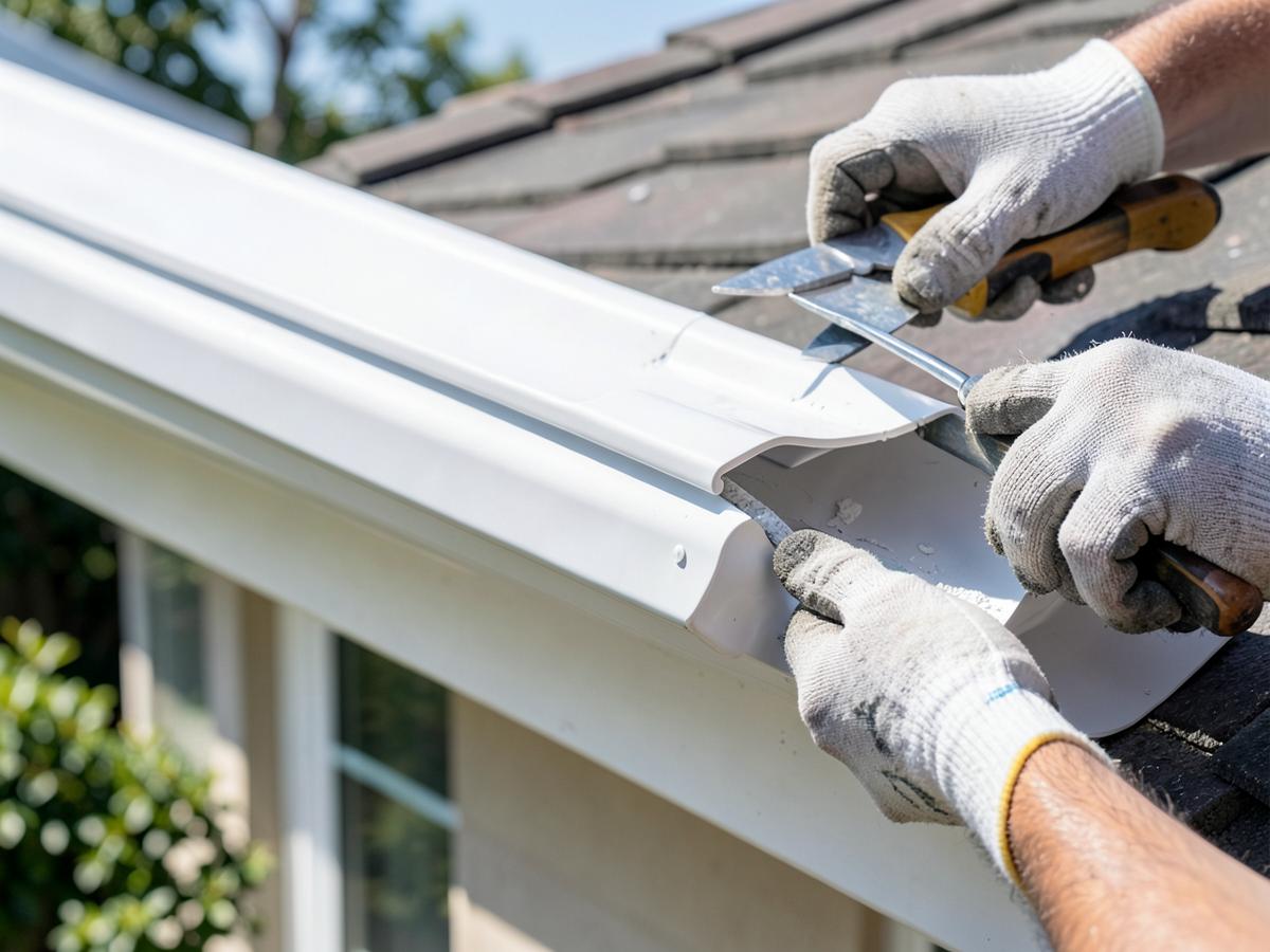 Réparation d'une gouttière blanche en bord de toiture par un artisan gantés