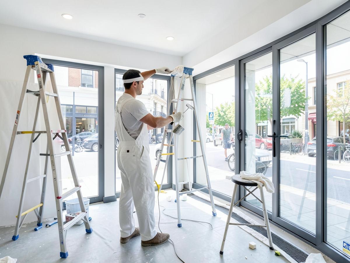 Peintre professionnel repeignant l'intérieur d'un local commercial aux grandes vitrines