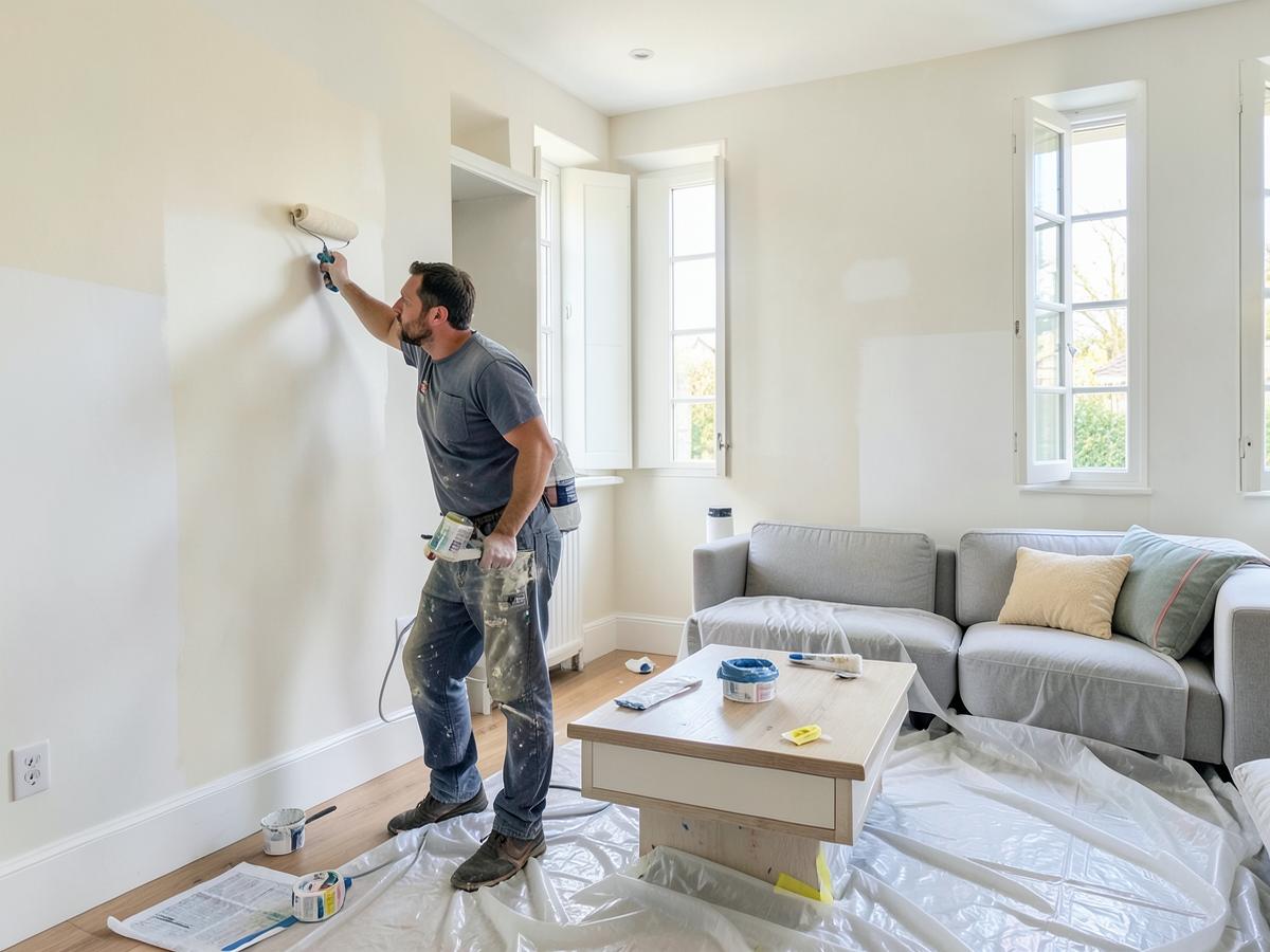 Artisan peintre appliquant une peinture claire au rouleau dans un salon lumineux