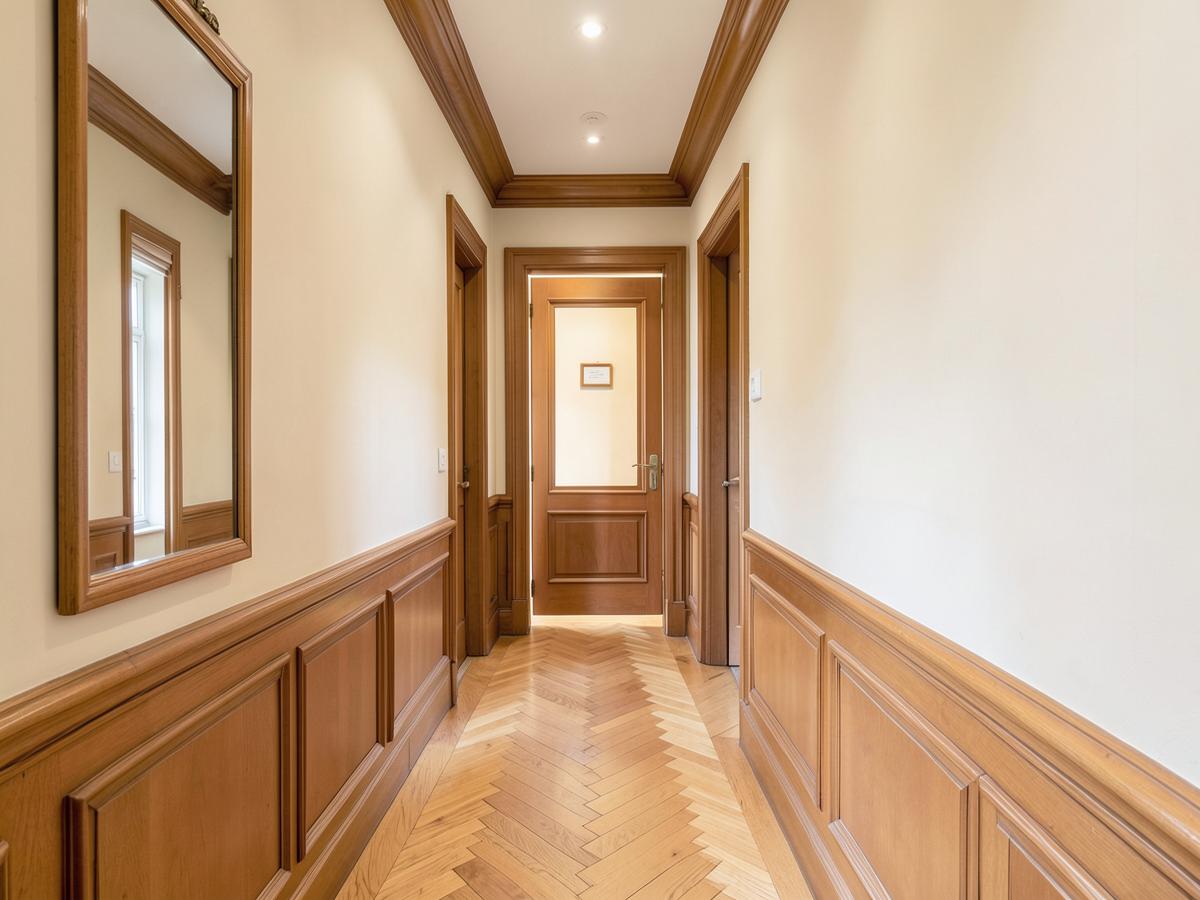 Couloir d'habitation rénové avec murs fraîchement peints et boiseries soignées